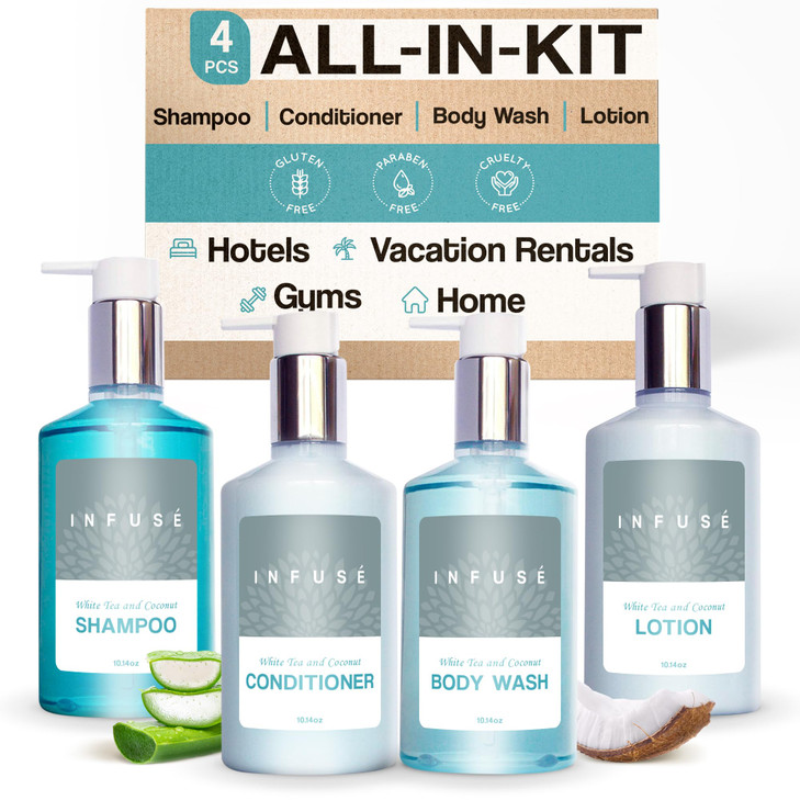 1Shoppe Infuse 4 Piece Ecobox AllInKit White Tea and Coconut Soap 1 Shampoo 1 Conditioner 1 Body Wash and 1 Lotion 1014