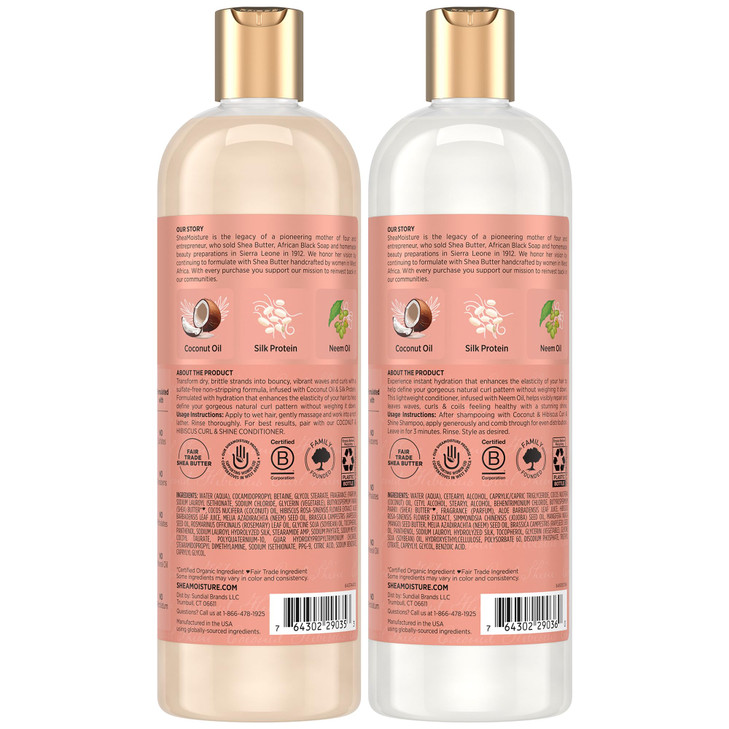 SheaMoisture Coconut Hibiscus Curl Shine Shampoo Conditioner for Bouncy Curls Frizz Control 16 Oz Ea