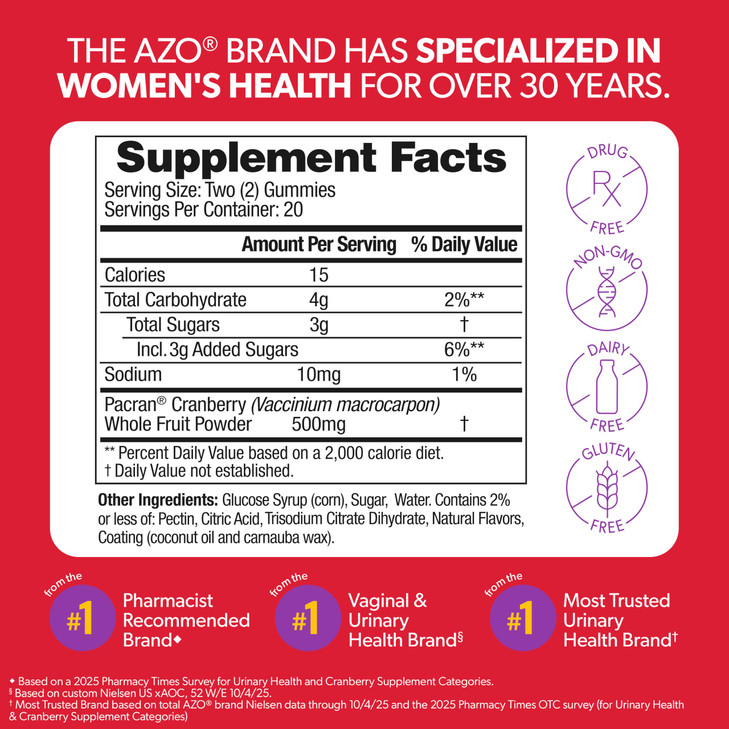 AZO Cranberry Urinary Tract Health Gummies Dietary Supplement 2 Gummies = Glass Cranberry Juice Helps Cleanse Protect Natural Berrylicious Flavor Gum online at globaldelivered