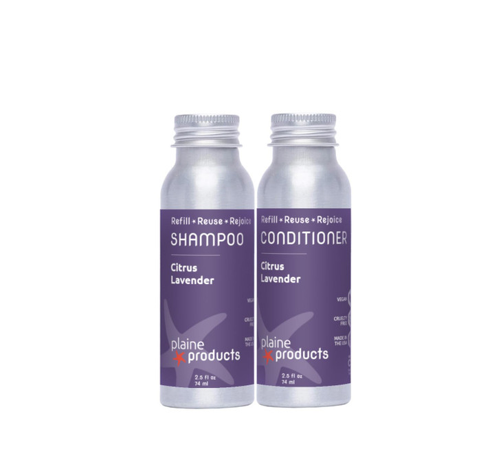 Eco Friendly Travel Size Shampoo and Conditioner Citrus Lavender ParabenSulfatePhthalate Free 25oz Refillable Aluminum B