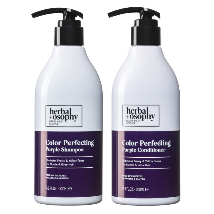 Herbalosophy Purple Shampoo Conditioner Set for Blonde Gray Hair Eliminates Brassy and Yellow Tones Infused with Cocos N