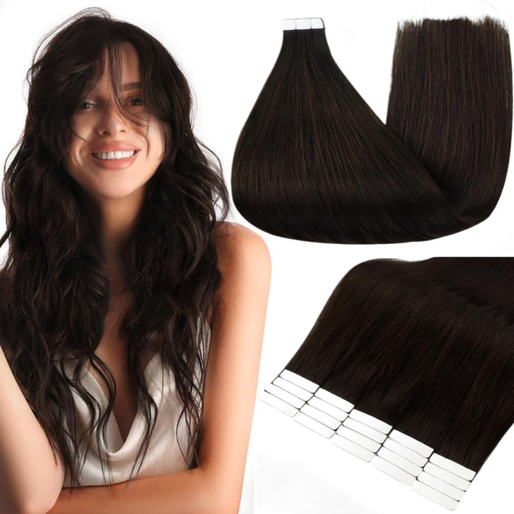 Full Shine Tape in Hair Extensions Color 2 Darker Brown Seamless Skin Weft Human Hair Tape in Extensions 14 Inch Invisib