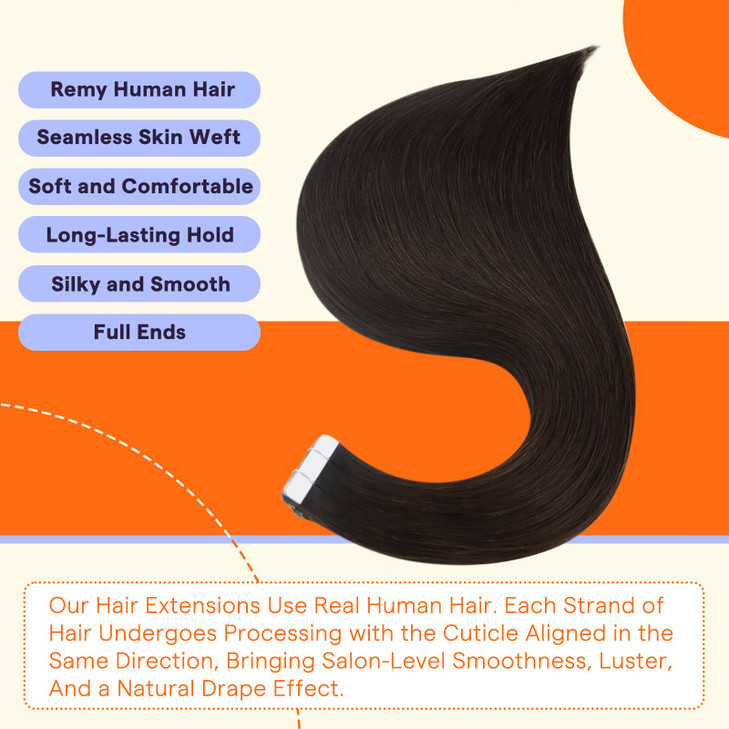 Full Shine Tape in Hair Extensions Color 2 Darker Brown Seamless Skin Weft Human Hair Tape in Extensions 14 Inch Invisib