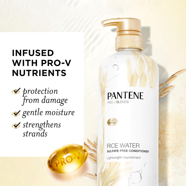 Pantene Conditioner with Rice Water Protects Natural Hair Growth Volumizing for Women Nutrient Infused with Vitamin B5 P