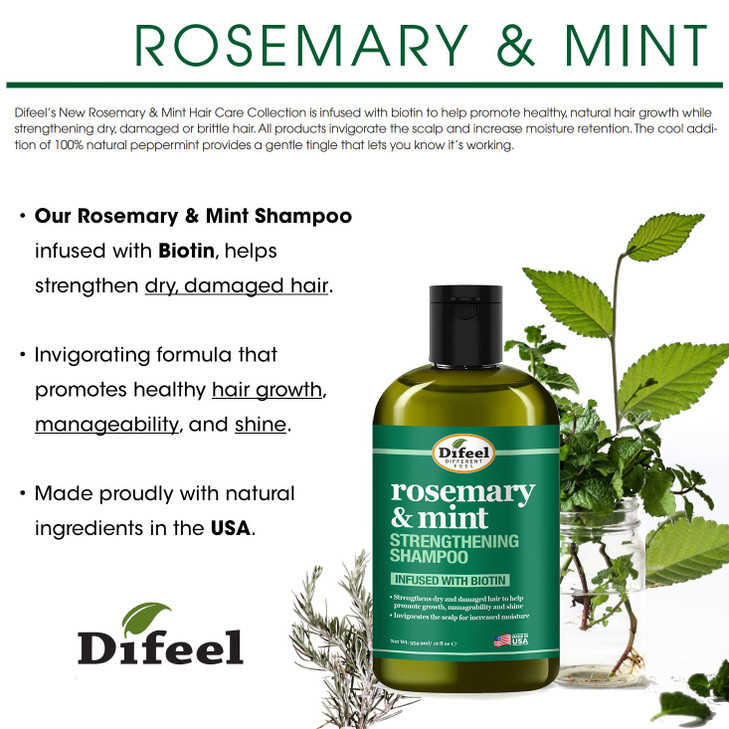 Difeel Rosemary Mint Strengthening Shampoo with Biotin 12 oz Made with Natural Rosemary Oil for Hair Growth