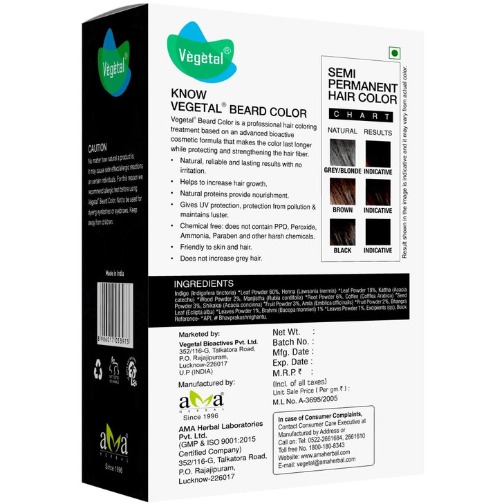 Vegetal Safe Color - Soft Black 25gm - Certified Organic Chemical and Allergy Free Bio Natural Beard Hair Color with No Ammonia Formula for Men online at globaldelivered