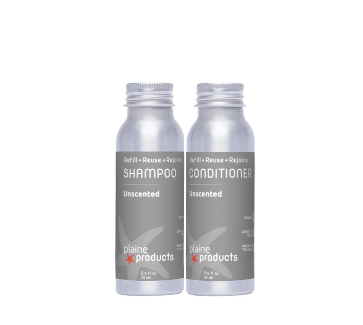 EcoFriendly Travel Size Shampoo and Conditioner Unscented SulfateParabenPhthalate Free 25oz Refillable Aluminum Bottles