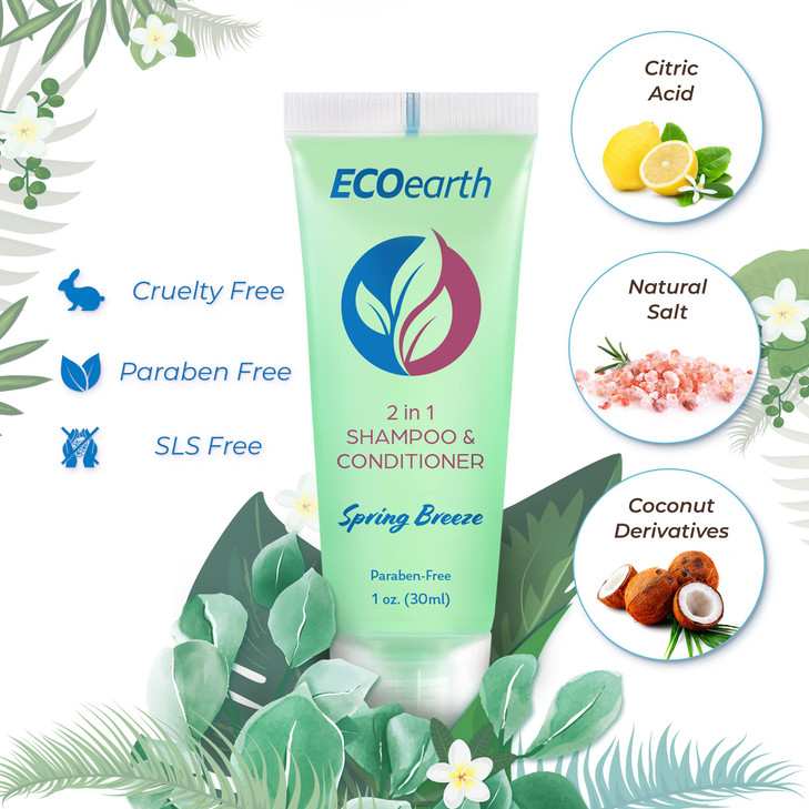 EcoEarth Travel Size Shampoo Conditioner 2in1 1 fl oz 100 PK Spring Breeze Delight Your Guests wRevitalizing Refreshing