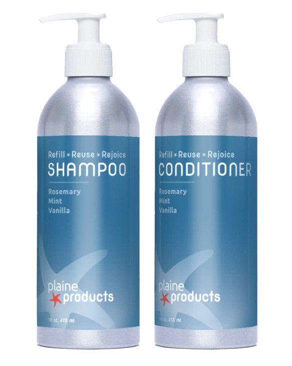 Plaine Products EcoFriendly Shampoo and Conditioner Rosemary Mint Vanilla Sulfate Free 16 oz Refillable Bottles with Pum