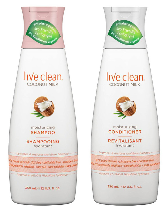 Live Clean Coconut Milk Moisturizing Shampoo and Conditioner 12 oz each with Certified Organic Coconut Extract and Oil P