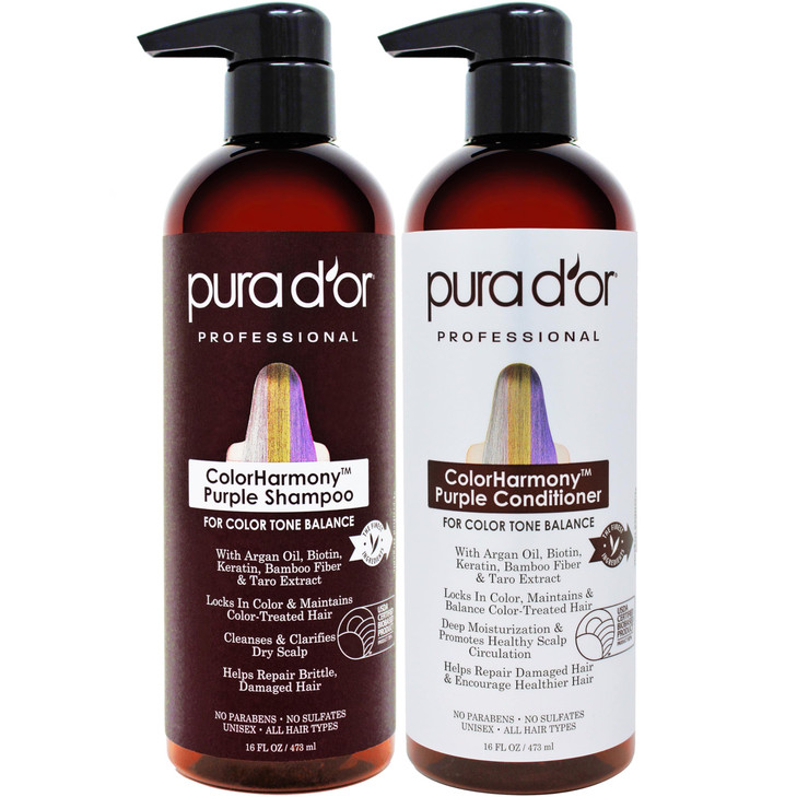 PURA DOR Purple Shampoo Conditioner 16oz x 2 ColorHarmony Biotin Set For Bleached Blonde Silver Color Treated Hair Kerat