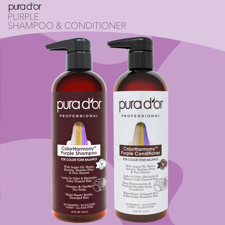 PURA DOR Purple Shampoo Conditioner 16oz x 2 ColorHarmony Biotin Set For Bleached Blonde Silver Color Treated Hair Kerat