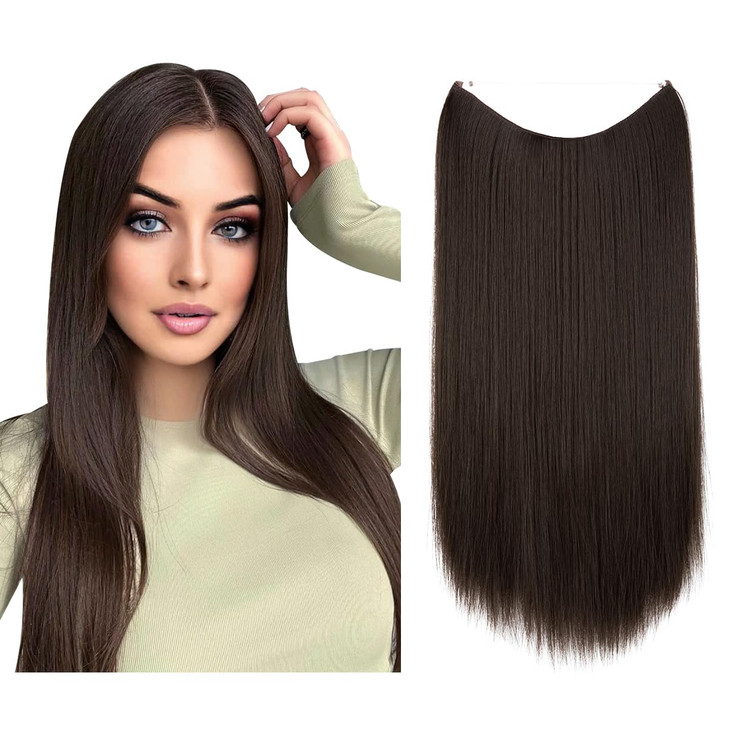 SARLA Invisible Wire Hair Extensions Dark Brown Short Synthetic Hairpieces Straight 14 Inch Adjustable Headband for Wome