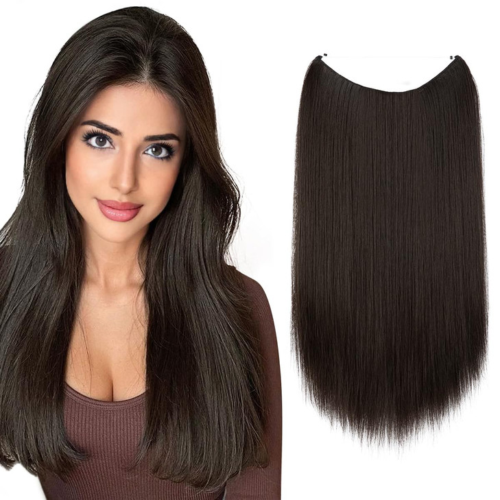 SARLA Invisible Wire Hair Extensions Straight Black Brown Short Synthetic Hairpieces 14 Inch Adjustable Transparent Head