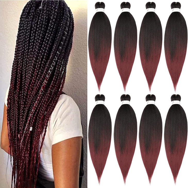 Prestretched Braiding Hair Extension Ombre Black to Burgundy Professional Crochet Braiding Hair 20 Inch 8 Packs Hot Wate