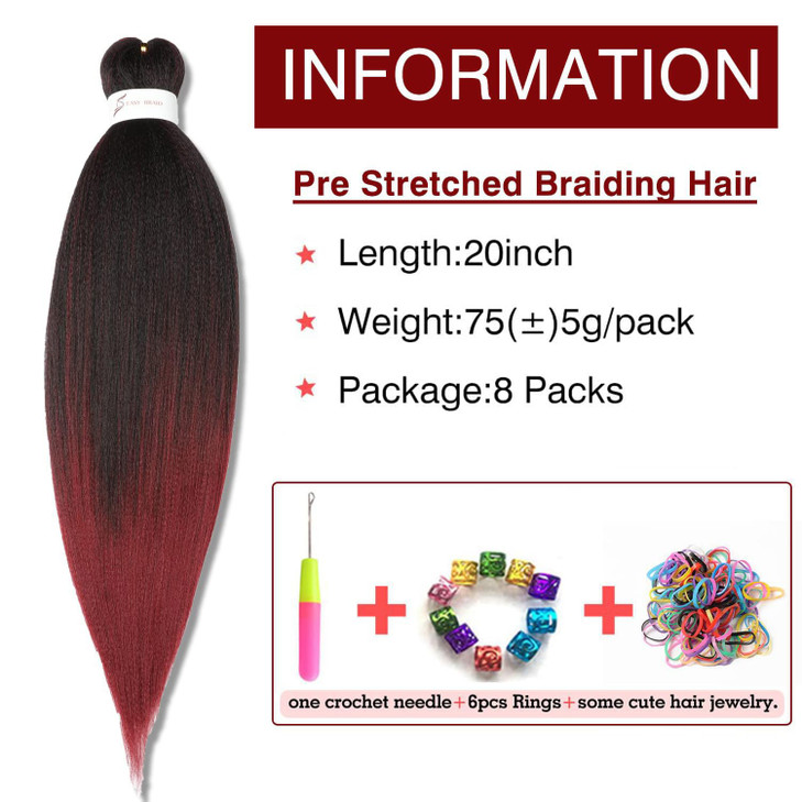 Prestretched Braiding Hair Extension Ombre Black to Burgundy Professional Crochet Braiding Hair 20 Inch 8 Packs Hot Wate
