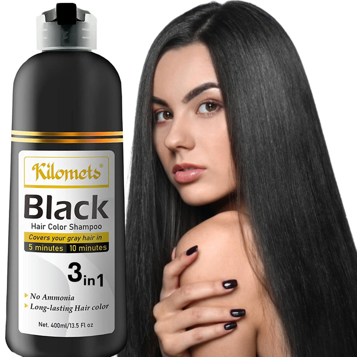 Kilomets BLACK Hair Dye Shampoo 400ml 100 Grey Coverage in Minutes Ammonia Free Hair Color Shampoo Cover Gray Silver Hai