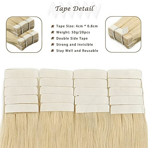 Hair Extensions Tape 50g 20pcs 16 Inch Bleach Blonde Soft Tape in Human Hair Extensions Real Human Hair Remy Hair Extens