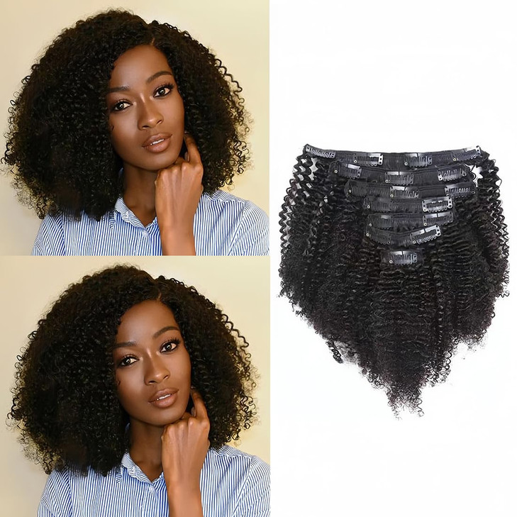 Caliee Afro Coily 3C and 4A Clip in Hair Extensions 100 Virgin Human Hair for Black Women Afro Kinky Curly Double Weft 7