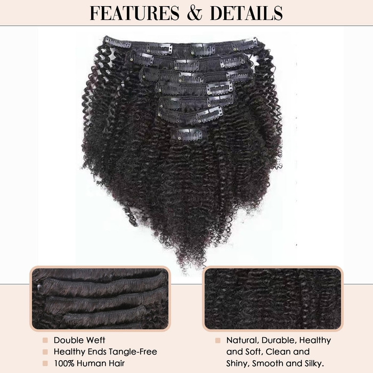 Caliee Afro Coily 3C and 4A Clip in Hair Extensions 100 Virgin Human Hair for Black Women Afro Kinky Curly Double Weft 7