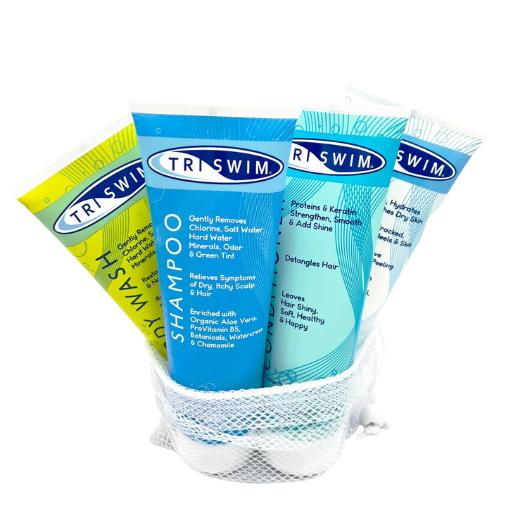 TRISWIM Gift Set Value Pack of 4 Mesh Bag Travel Kit Swim Care Chlorine Removal Body Wash Swimmers Shampoo Conditioner a