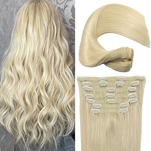 Eufficco Real Human Remy Hair Lace Clip In Hair Extensions 18inch Finsih at 185inch 120g Color Bleach Blonde Double Weft