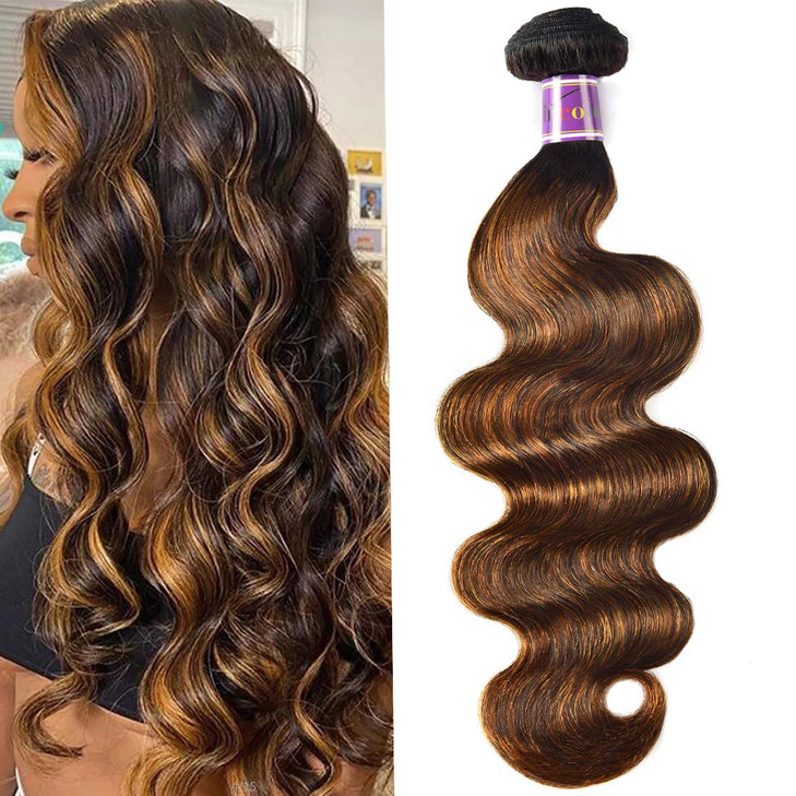UNice Ombre Brown Highlight Body Wave Human Hair Weave 1 bundle 12 inch Brazilian Remy Hair Dark Root Blonde Human Hair