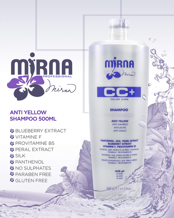 Mirna Professional Color Care NO Yellow Shampoo Delicate pH acid formula also contains Vitamin F Provitamin B5 Panthenol
