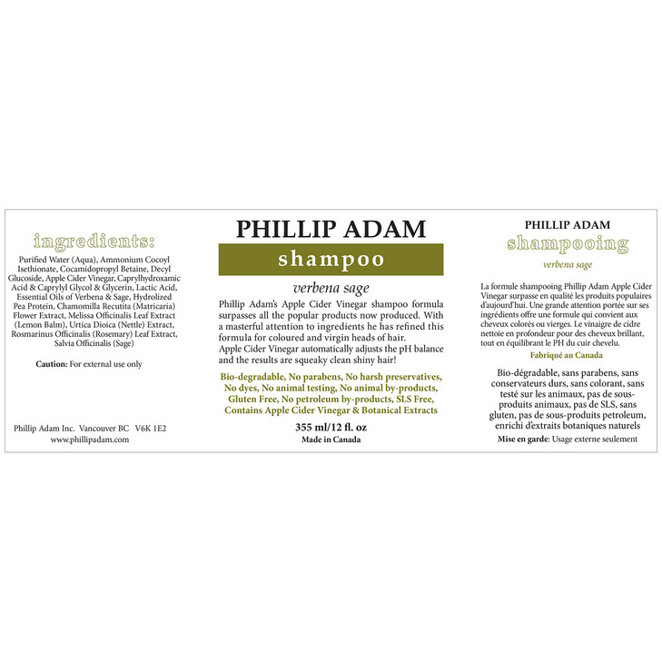 Phillip Adam Verbena Sage Shampoo for Shiny Hair Sulfate Free and Paraben Free For All Hair Types 12 Fl Oz