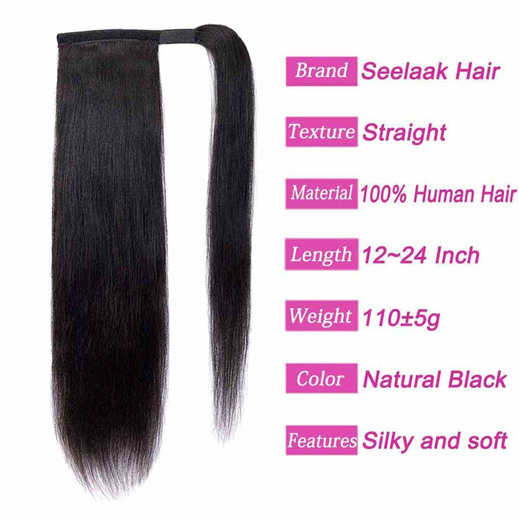 seelaak Long Straight Remy Human Hair Ponytail Extension Wrap Around Ponytail Hair Piece with Clips Magic Paste Binding