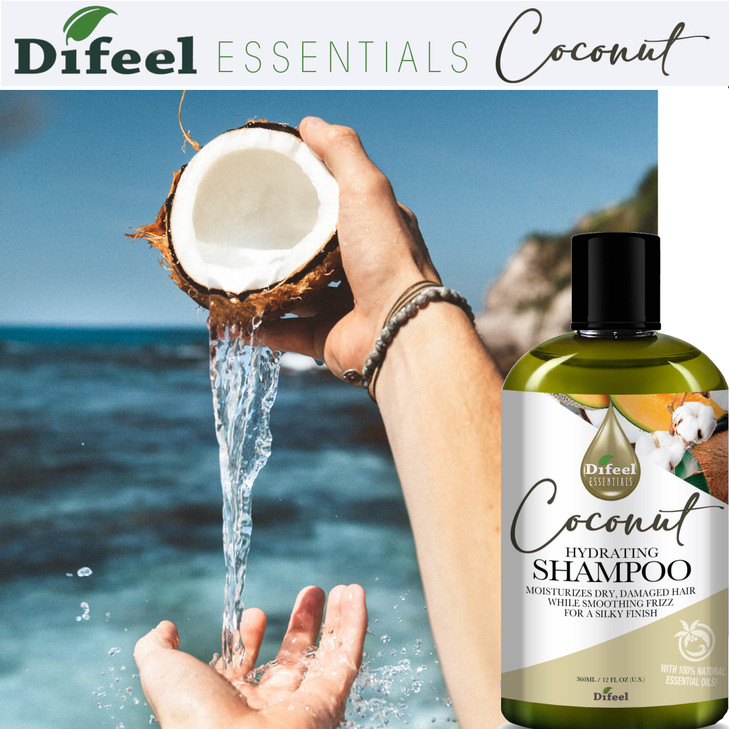 Difeel Essentials Hydrating Coconut Shampoo 12 oz Moisturizing Sulfate Free Shampoo made with 100 natural Essential Oils