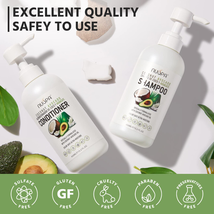 Nuspa Coconut Avocado Shampoo and Conditioner SetsColor Safe Ultra Moisture Sulfate Free Shampoo and Conditioner pack fo