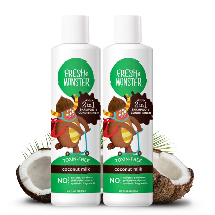 Fresh Monster 2in1 Kids Shampoo Conditioner ToxinFree Hypoallergenic Tearfree Shampoo Conditioner for Kids Coconut 2 Pac