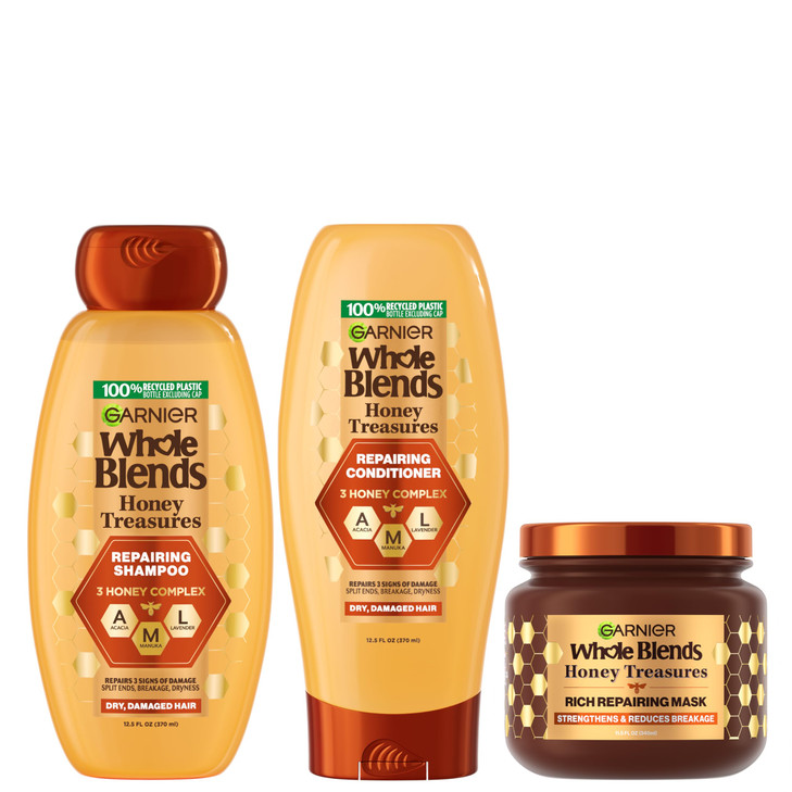 Garnier Whole Blends Honey Treasures Repairing Shampoo Conditioner Hair Mask Set for Dry Damaged Hair 3 Items 1 Kit Pack