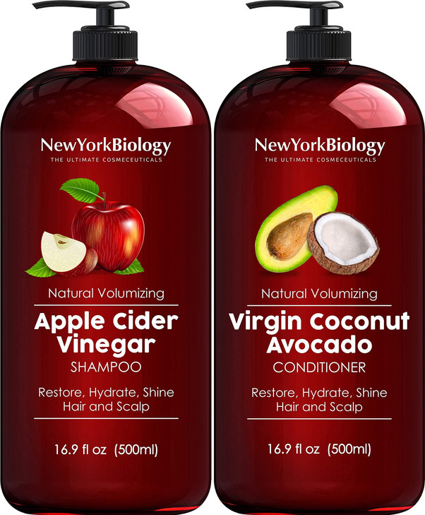 New York Biology Apple Cider Vinegar Shampoo and Coconut Avocado Oil Conditioner Set Helps Restore Shine Hair Gloss and