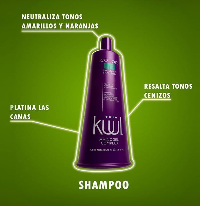 KUUL MATIZANT SHAMPOO 3381 oz PURPLE SHAMPOO MATIZANTE CABELLOS CANOS RUBIOS O DECOLORADOS COLOR DEL LIQUIDO MORADO 1000