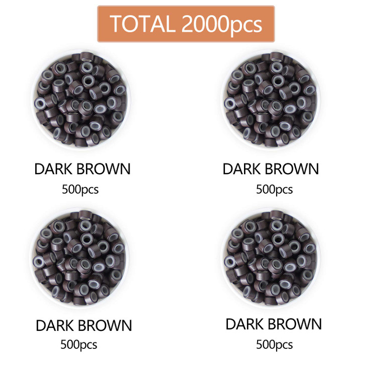 2000Pcs Premium Silicone Micro Link Rings 5mm Lined Beads for I Tip Hair Extensions 2000Pcs Dark Brown