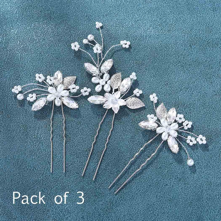 Unicra Bride Wedding Flower Hair Pins Bridal Pearl Hair Piece Crystal Hair Accessories for Women and Girls (Pack of 3) (A-Silver) online at globaldelivered