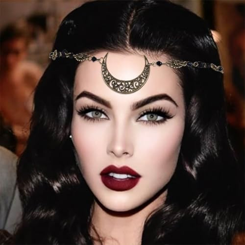 Obmyec Boho Head Chain Moon Headpieces Rhinestone Hair Chains Wedding Hair Accessories for Women and Girls (Brown)