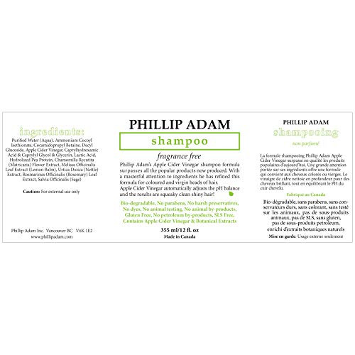 Phillip Adam Fragrance Free Shampoo and Conditioner Set with Apple Cider Vinegar pH Balancing Enhance Shine and Smoothne