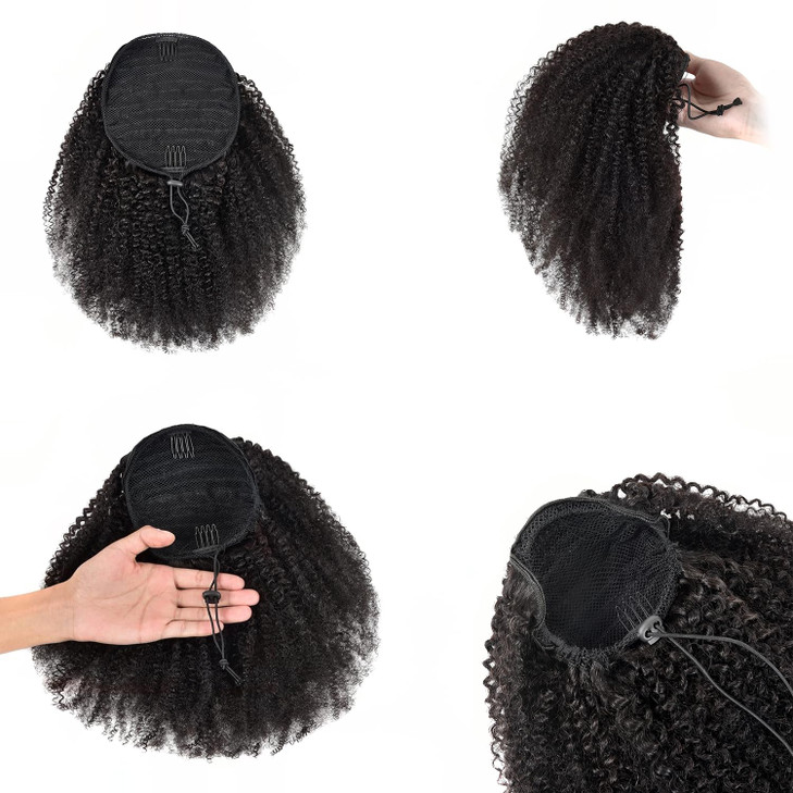Afro Puff Drawstring Ponytail Human Hair Bun For Black Women 150 Density 10A Brazilian Virgin Human Hair Afro Kinky Curl