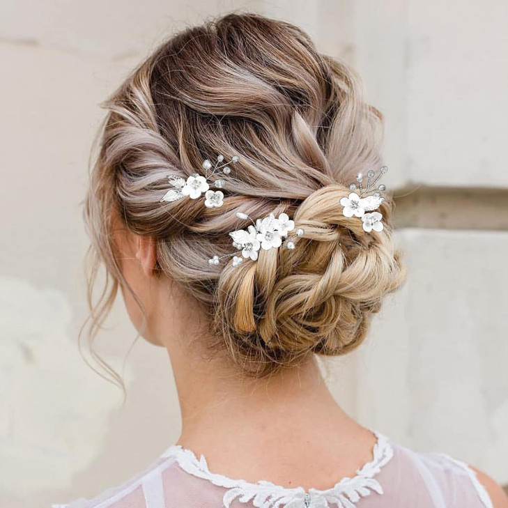 Unicra Silver Flower Bride Wedding Hair Pins Leaf Bridal Headpiece Pearl Rhinestone Bridesmaids Hair Accessories for Women and Girls( Pack of 3)