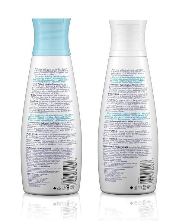 Live Clean Fresh Water Hydrating Shampoo and Conditioner Bundle With Rosemary Leaf Extract Vitamin E and Lavender Extrac