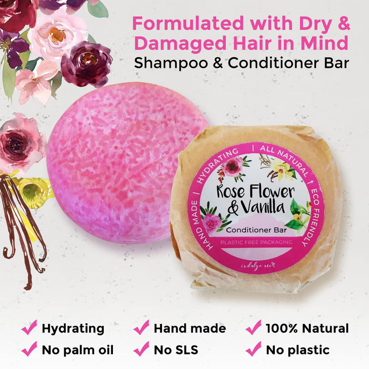 Solid Shampoo and Conditioner Bar Eco Friendly Hair Care Dry and Damaged Hair Treatment Rose and Vanilla Scented Jojoba