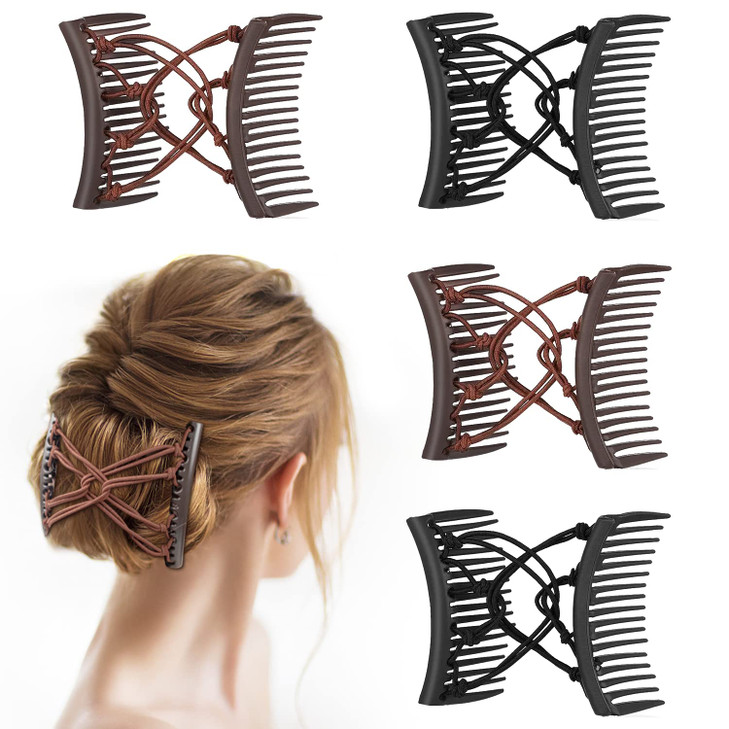 MAORULU 4 Pieces Magic Hair Combs for Women Accessories Adjustable Elastic Hair Comb Clips for Thick Curly Thin Hair Cof