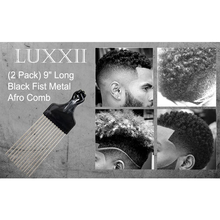 Luxxii 2 Pack 8 Long Black Fist Metal Afro Pick Lift Hair Comb Detangle Wig Braid Hair Man Styling Comb