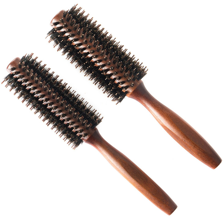 Boar Bristle Round Hair Brush Set with Nylon Pin Wooden Handle for Straightening Curling Volumizing and Detangling 2 in