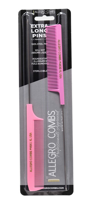 Allegro XL Pintail Rat Tail Parting Combs Metal Tail Foiling Pin Combs 2 Pc PINK