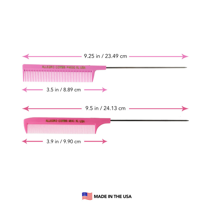 Allegro XL Pintail Rat Tail Parting Combs Metal Tail Foiling Pin Combs 2 Pc PINK