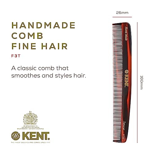 Kent F3T Tortoiseshell Fine Tooth Comb Hair Parting and Straightening Comb for Mens Womens Dandruff Remover Saw Cut and